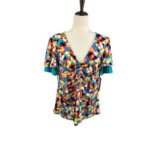 NEW NWT Bold Elements Bright Geometric Blouse, Flutter Sleeves Mid Cutout Sz XXL